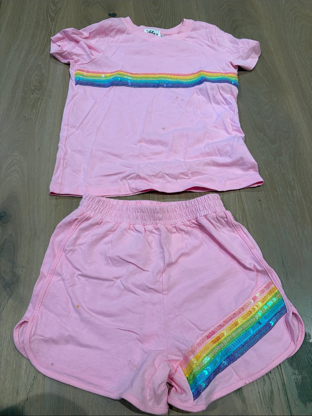 Lola + The Boys Size 10 Pink Short Sleeve Set with Rainbow Sequin Trim.